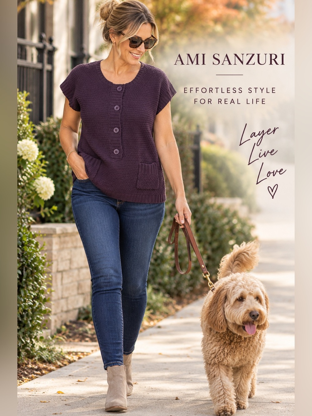 Ami Sanzuri XL Purple Knit Tunic Sweater Vest Button Pocket Top